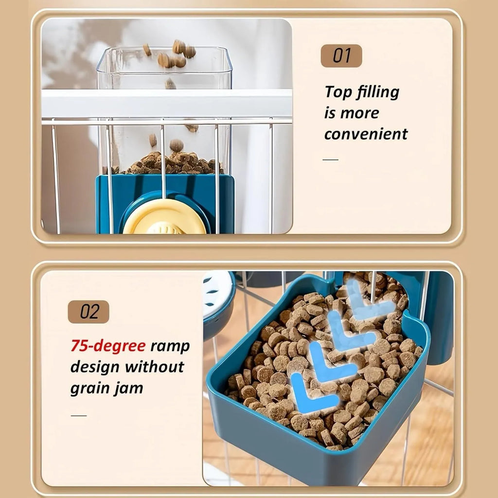 Transparent hanging automatic pet feeder with food and water compartments for small animal cages