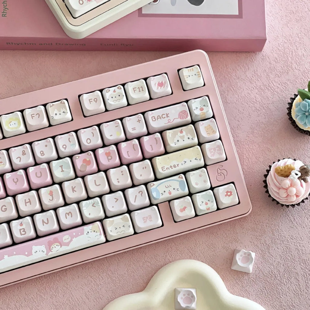 Meow Meow Team themed mechanical keyboard keycap set with 141 PBT keys featuring colourful anime character designs