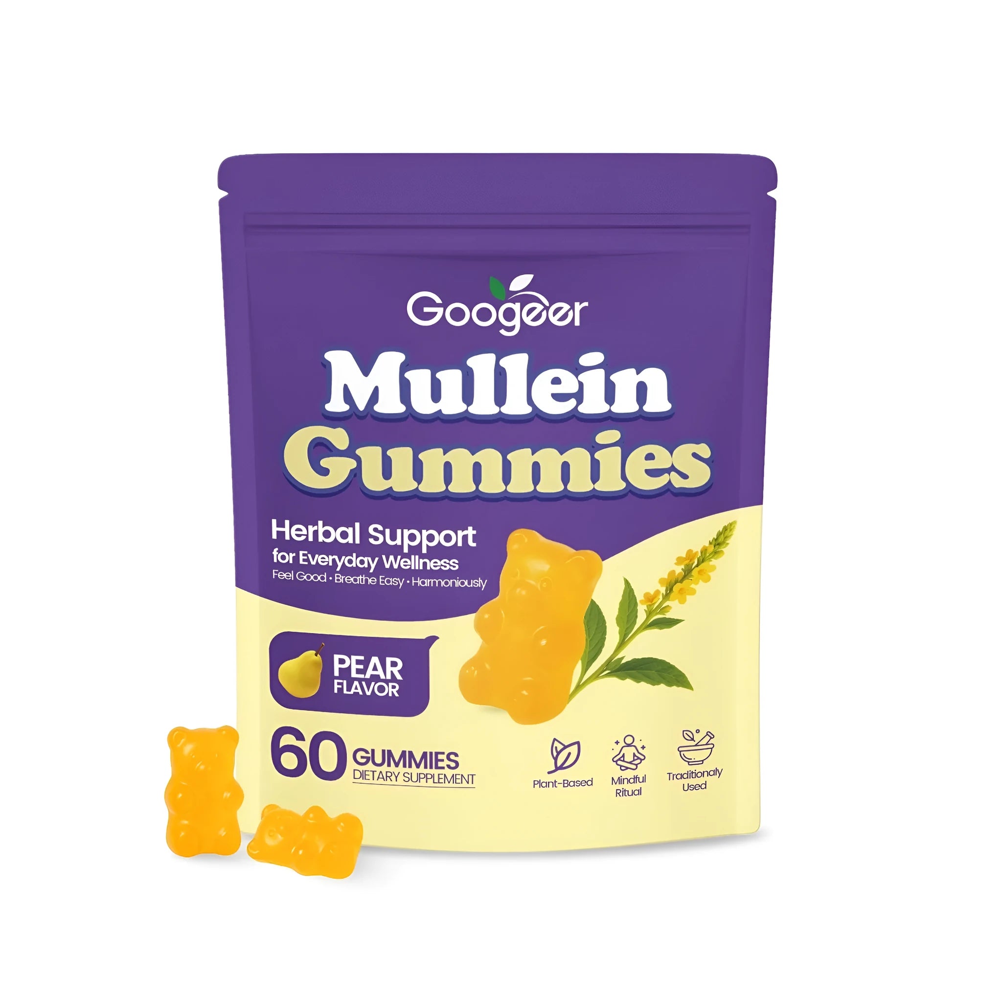 Container of mullein herbal supplement gummies with verbena officinalis leaf extract, 60 count