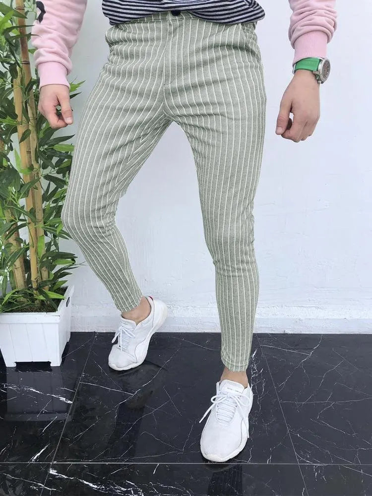 Men's slim-fit plaid casual trousers with 3D printed pattern and straight leg design