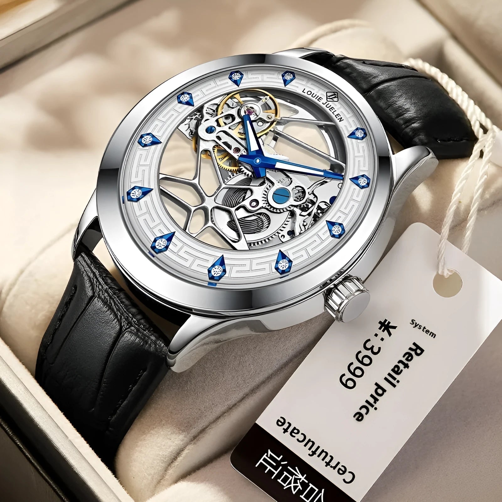 Men's silver case mechanical watch with white dial, blue luminous hands, black genuine leather strap, and waterproof design