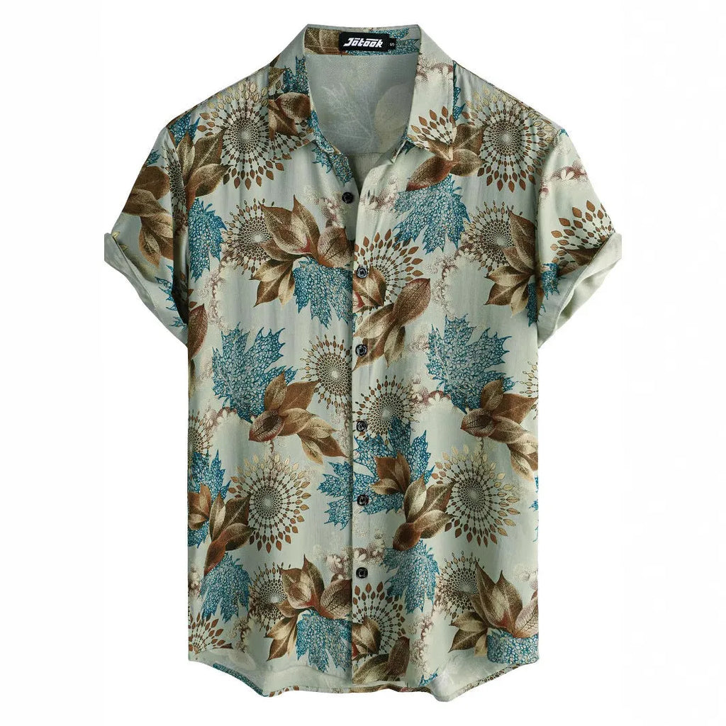 Man's short-sleeve Hawaiian floral print cardigan shirt in elastic polyester fabric.