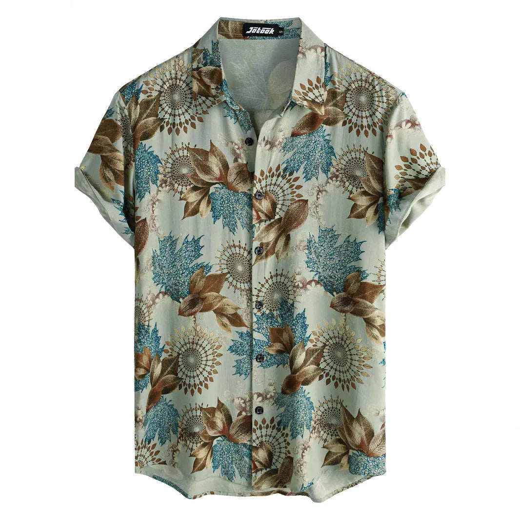 Man's short-sleeve Hawaiian floral print cardigan shirt in elastic polyester fabric.