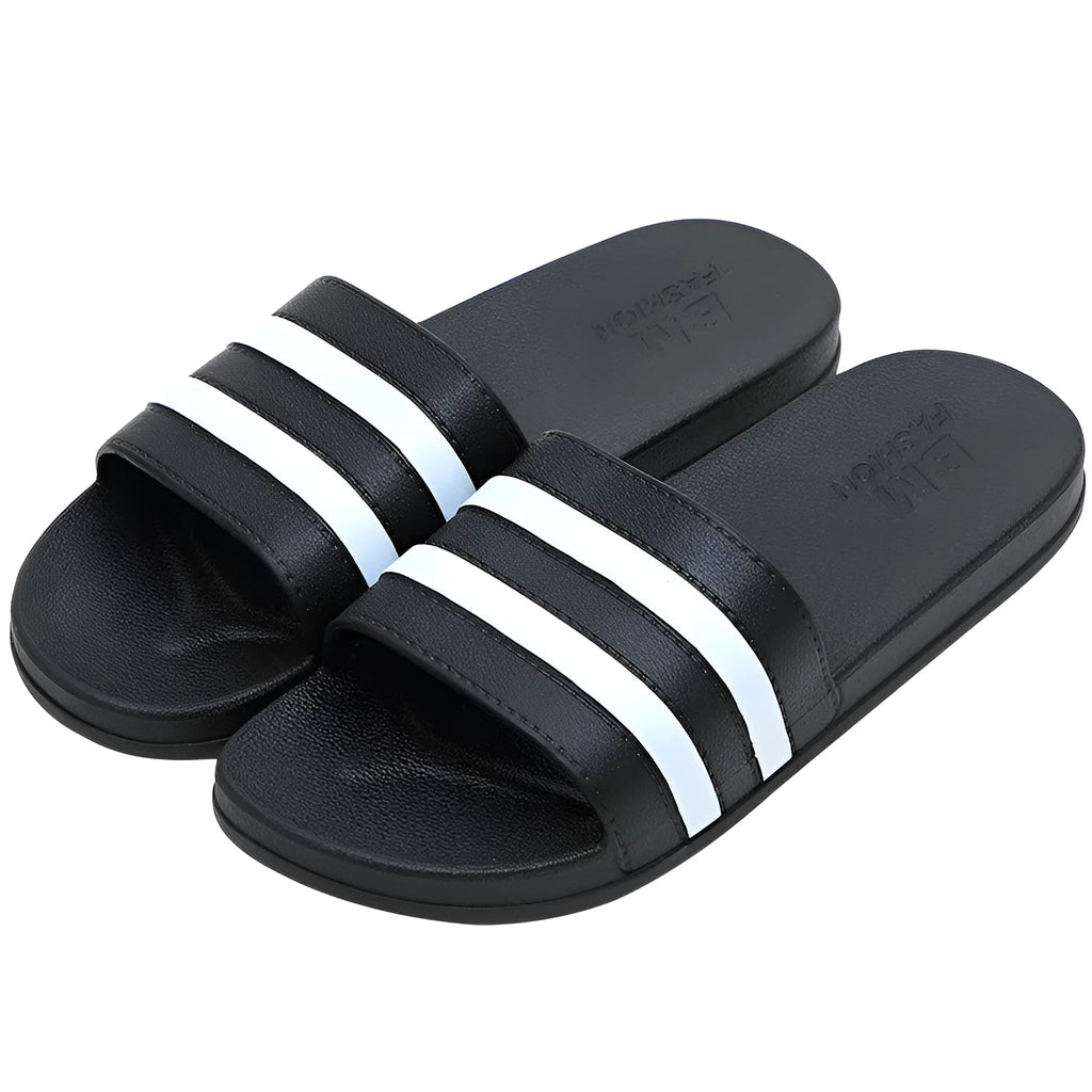 Striped PVC bath slippers for men and women in white with injection-moulded sole, side view
