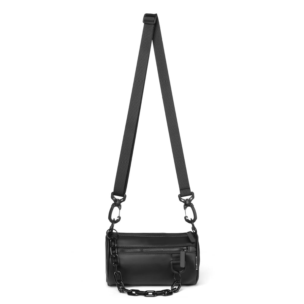Black casual messenger bag with chain detail and crossbody strap made from Oxford cloth.