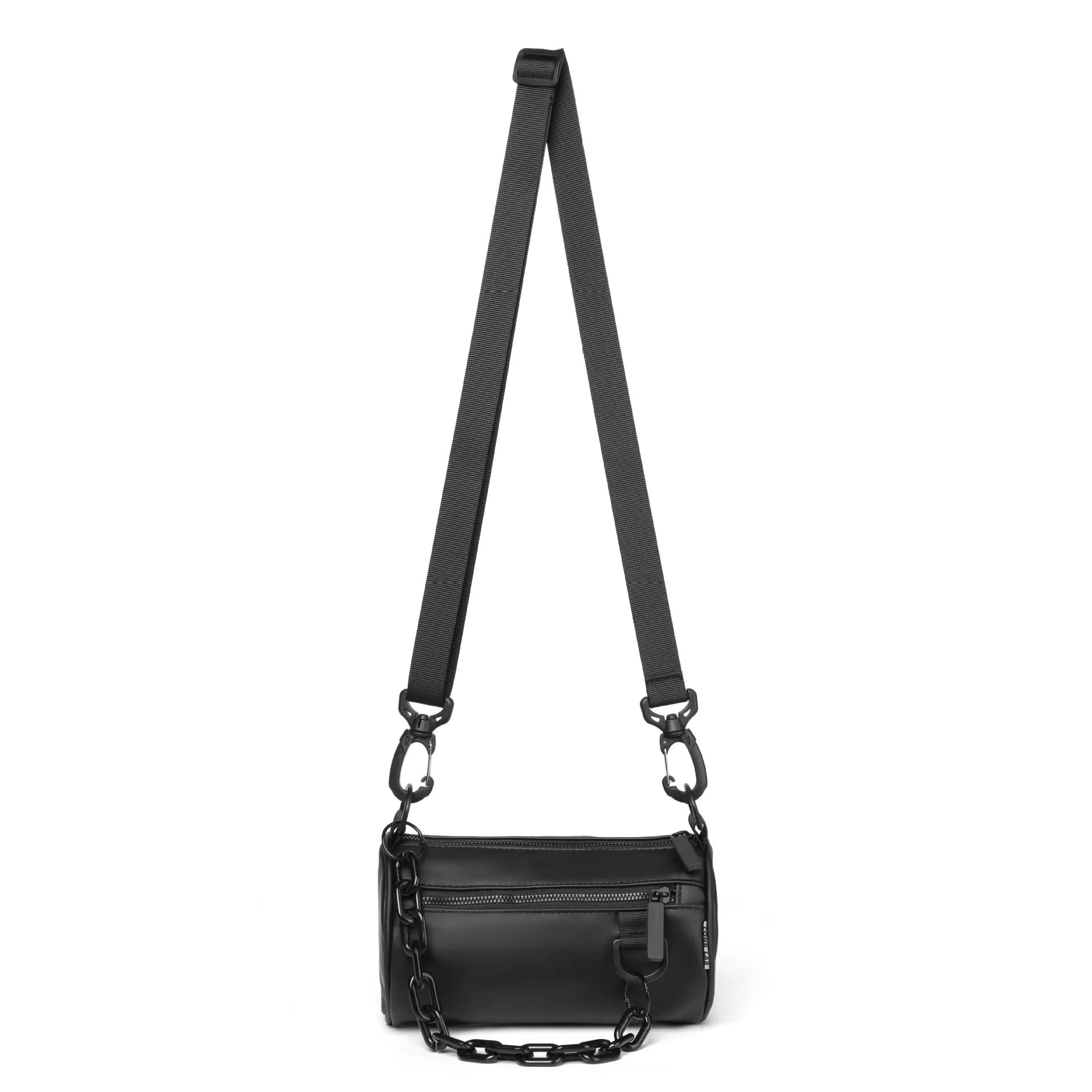 Black casual messenger bag with chain detail and crossbody strap made from Oxford cloth.