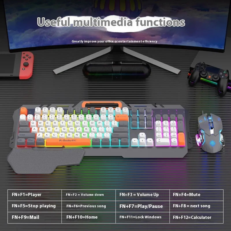 Blue wired gaming keyboard and mouse set with LED backlight on a desk