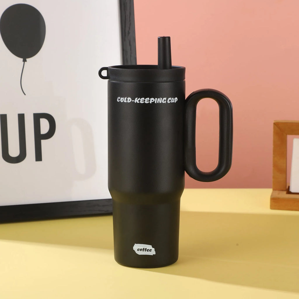 Large portable ice bucket cup with handle and straw in five colour options: black, pink, sky blue, white, and yellow.