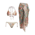 Women's creamy-white floral nylon bikini set with detachable skirt shown in sizes S-XXL