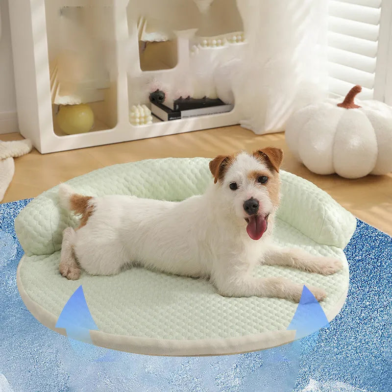 Cooling dog bed in cotton, size L 70cm, colour Blue, laid flat on floor