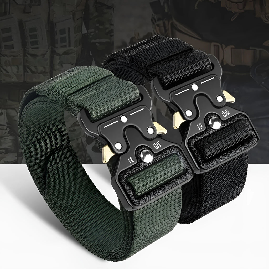 Men's canvas tactical belt with quick-release alloy buckle shown in Army Green colour, laid flat to show its 120cm length.