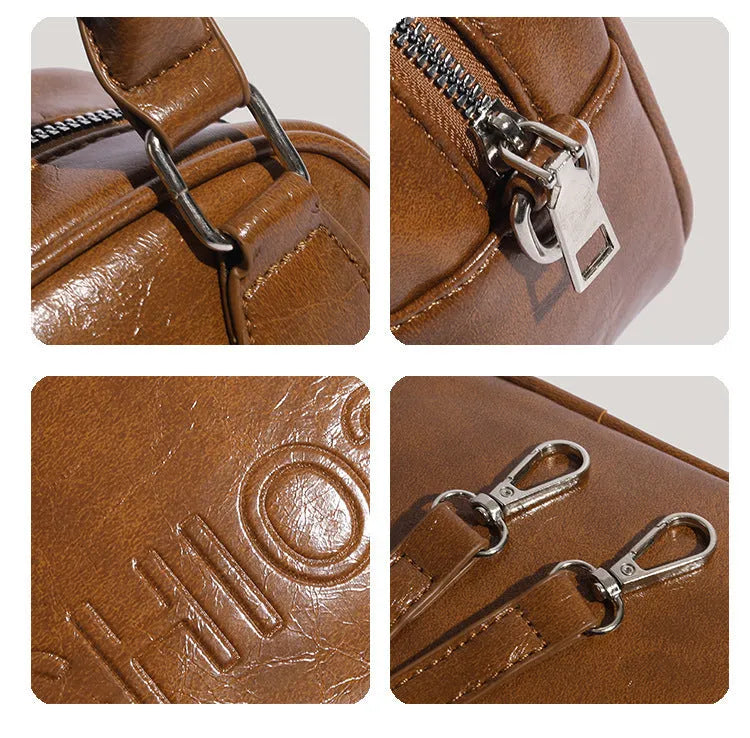 Retro easy matching shoulder crossbody bag in black or brown with letter and stitching design