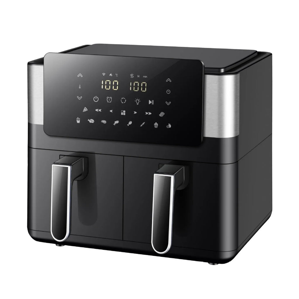 Household 8L double pot air fryer in stainless steel with two 4-litre compartments and touch screen control