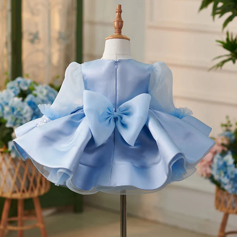 Girls' blue princess party dress with umbrella skirt, polyester blend, height sizes 80cm to 160cm