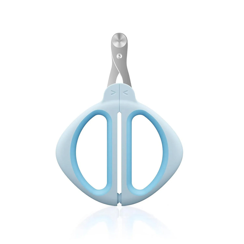 Blue cat nail clipper with a round positioning hole and stainless steel blade on a non-slip handle.