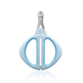 Blue cat nail clipper with a round positioning hole and stainless steel blade on a non-slip handle.