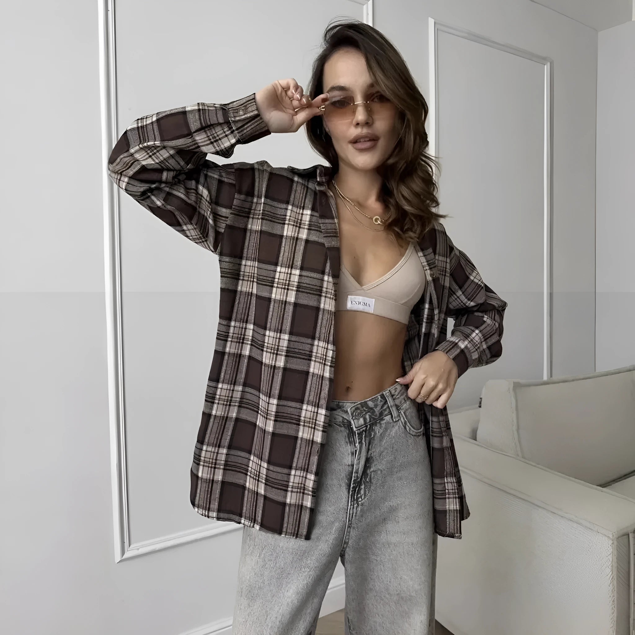 Women's dark brown retro striped long-sleeve shirt with regular fit, shown with and without a chest pocket.