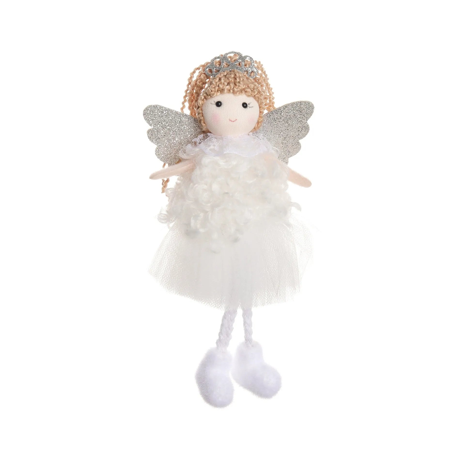 Cartoon angel girl cloth hair pendant with crown and high ponytail in white, pink, and khaki.