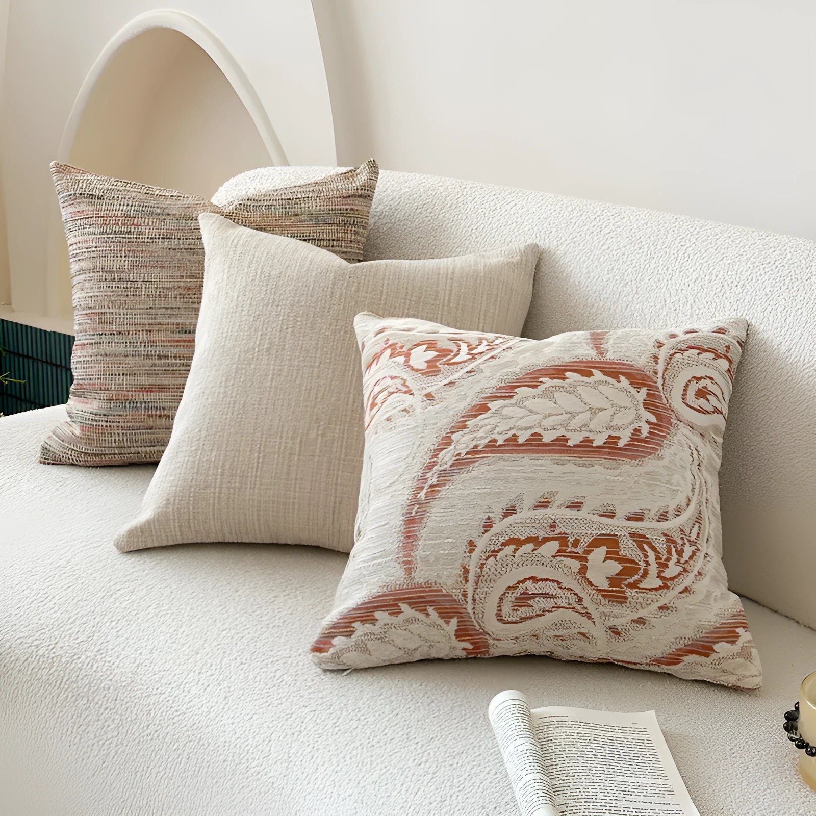 American-style jacquard sofa cushion cover with paisley pattern in amber colour tones