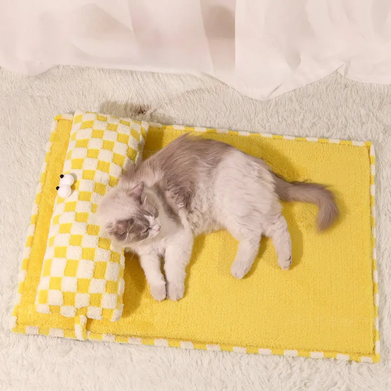Four sizes of universal pet cushion with grey and yellow colour options showing different dimensions