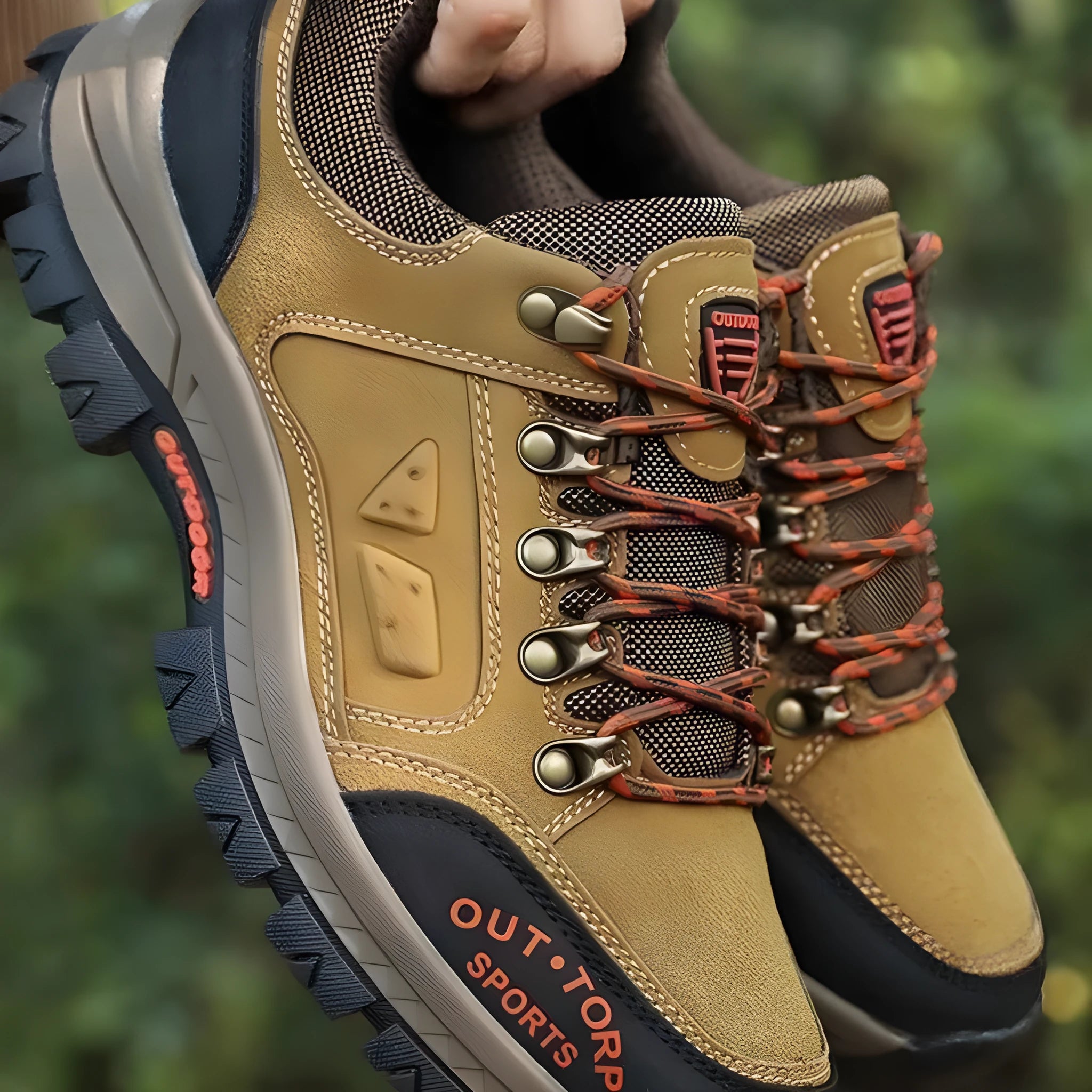 Men's hiking shoes non-slip rubber sole synthetic leather upper low top Black and Red colour autumn outdoor