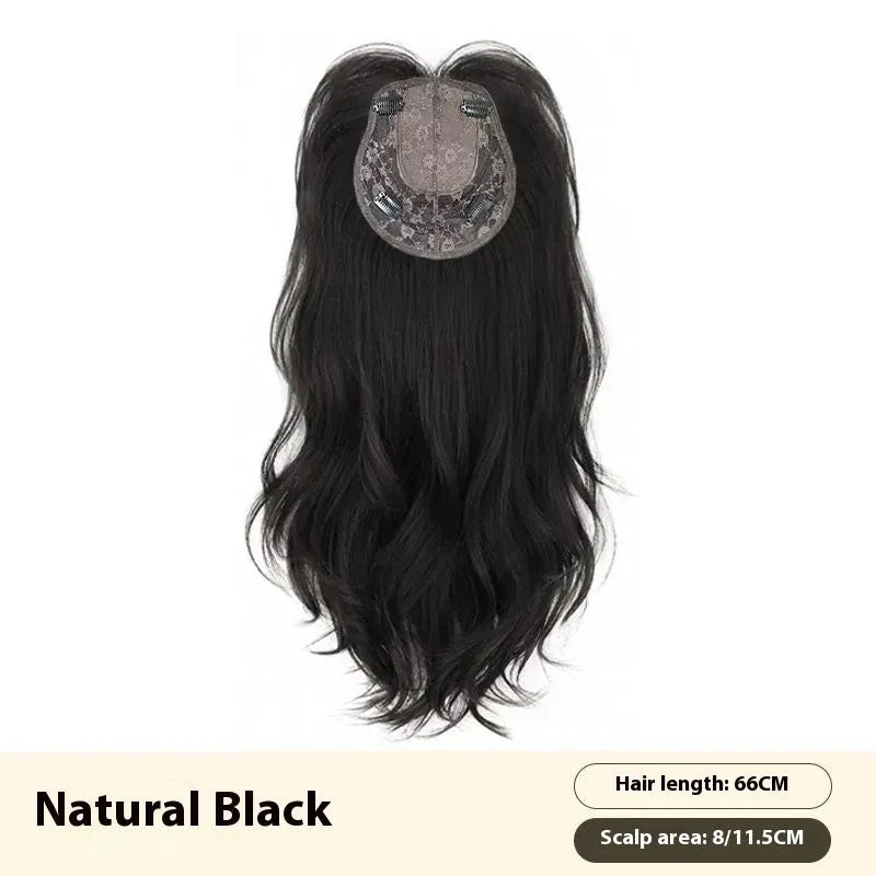 Seamless ultra-thin breathable 65cm big wave natural black wig for ladies, high-temperature fiber hair replacement