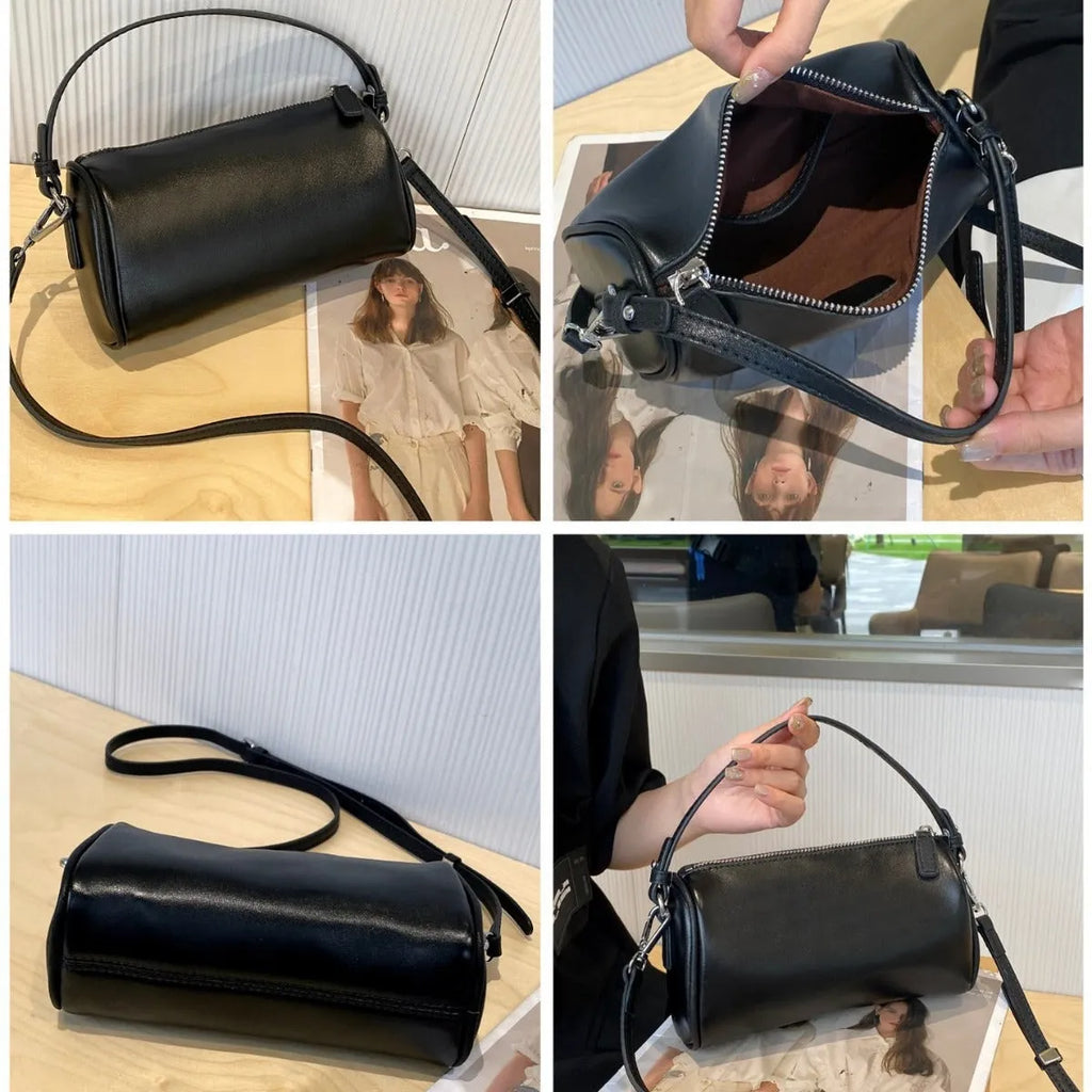 Genuine leather mobile phone crossbody bag with cylindrical design in six colour options showing sewing thread detailing