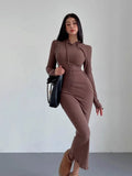 Women's long sleeve hooded sheath dress in polyester, shown in light grey colour