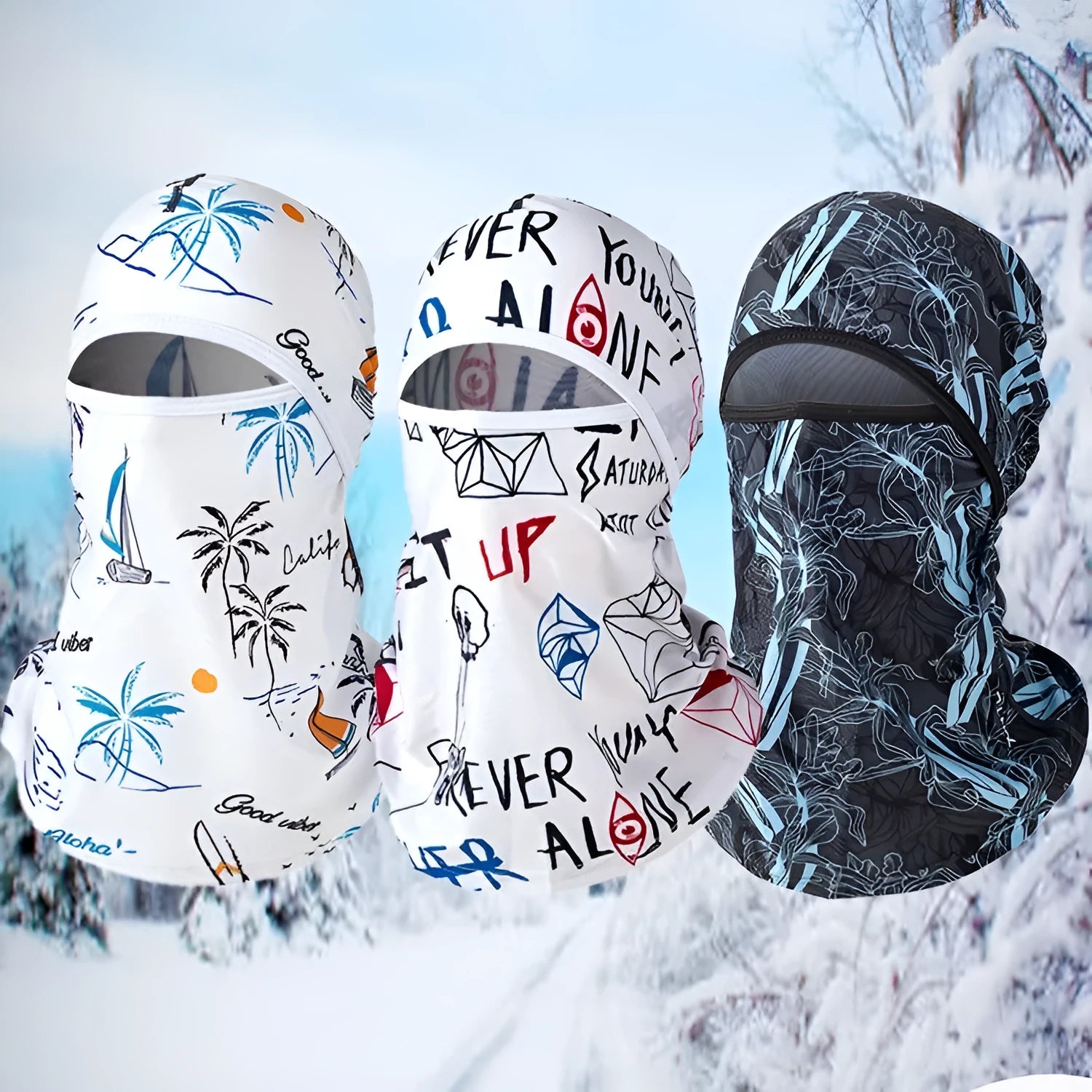Unisex cotton motorcycle balaclava head cover with attached gloves in a patterned grey colour.