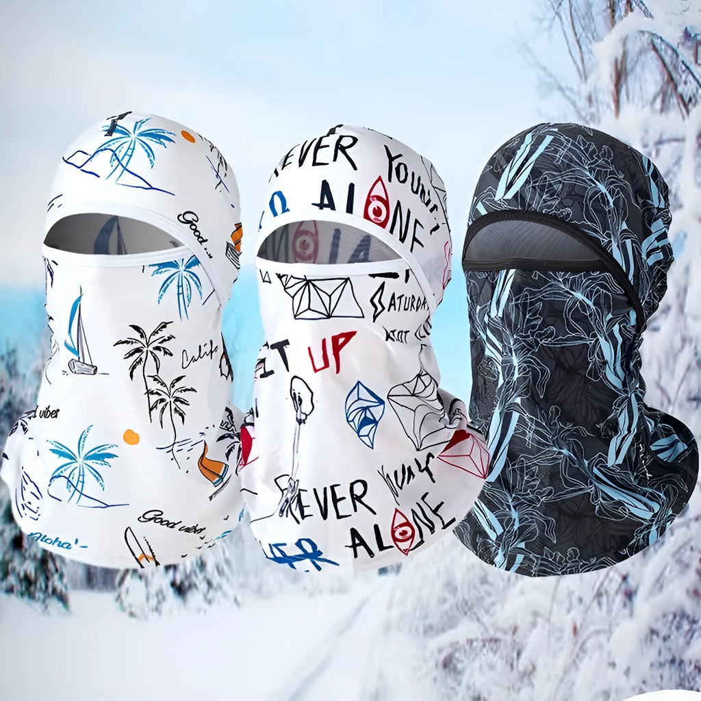 Cotton motorcycle head cover in a dome style with a patterned design, shown with matching gloves.