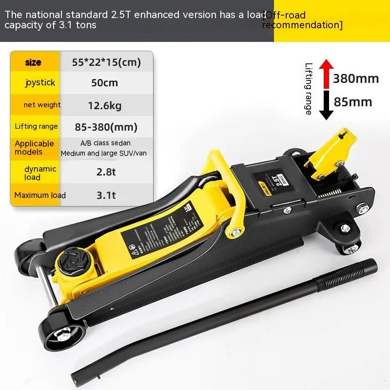 Horizontal hydraulic scissor car jack with handle for tyre changes, low profile design