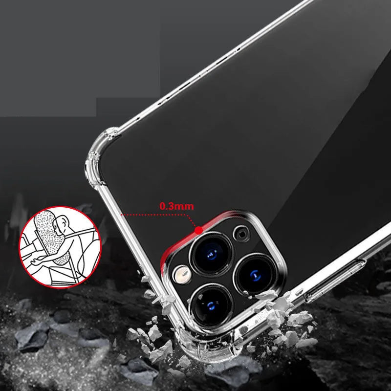 Thickened transparent TPU iPhone case showing four-corner airbag design on a mobile phone.