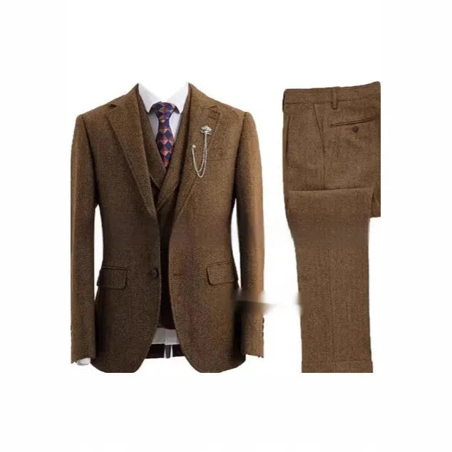 Men's slim fit three-piece suit in brown colour made from nylon fabric, front view with jacket and trousers