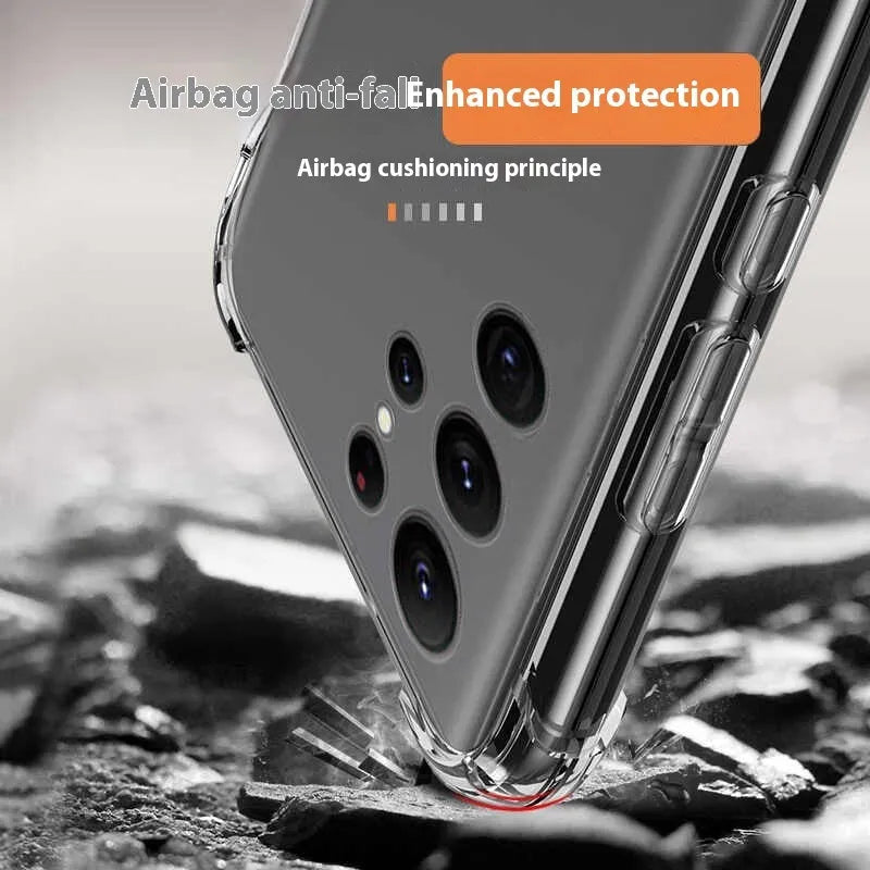 Transparent silicone phone case with four-corner airbag drop protection for Samsung Galaxy models.