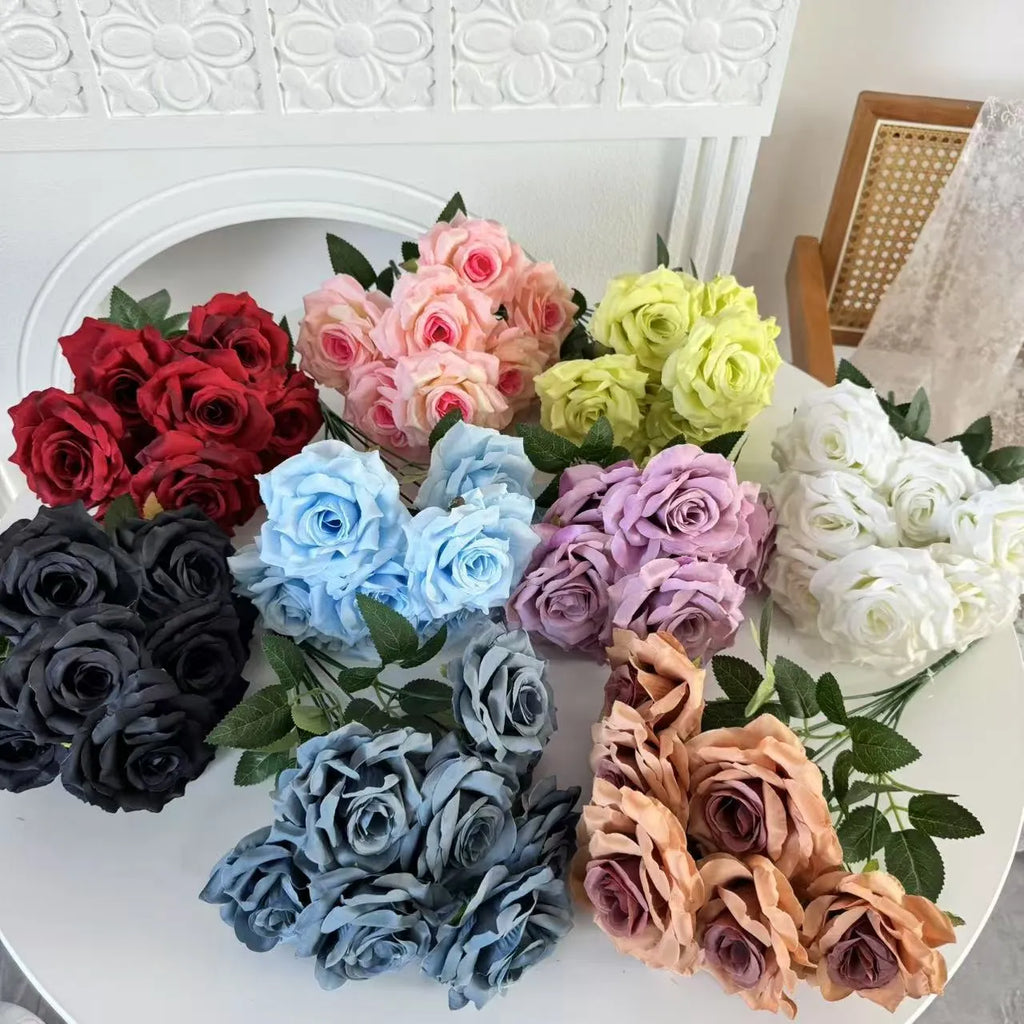 9-head artificial silk flower row in 14 colours for wedding decoration and photography props