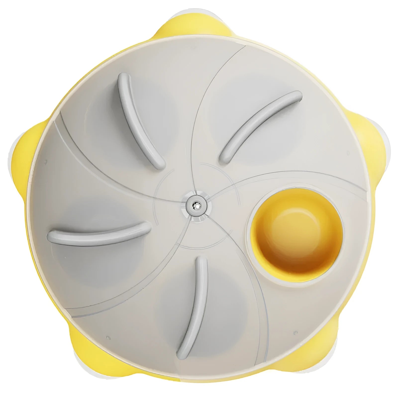 Yellow interactive pet puzzle feeder bowl with ridges and treat compartments on a white background.