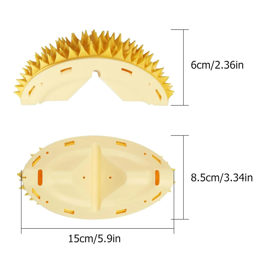 Yellow durian-shaped cat corner scratcher with comb teeth and cat mint packet mounted on wall