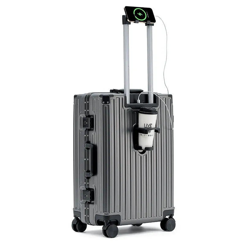 Aluminium frame trolley suitcase in avocado green with multi-functional pockets and USB port.