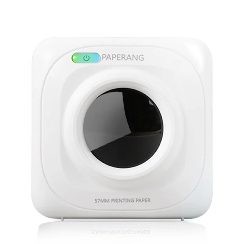 White pocket Bluetooth thermal label printer PAPERANG P2 on a table with smartphone app interface
