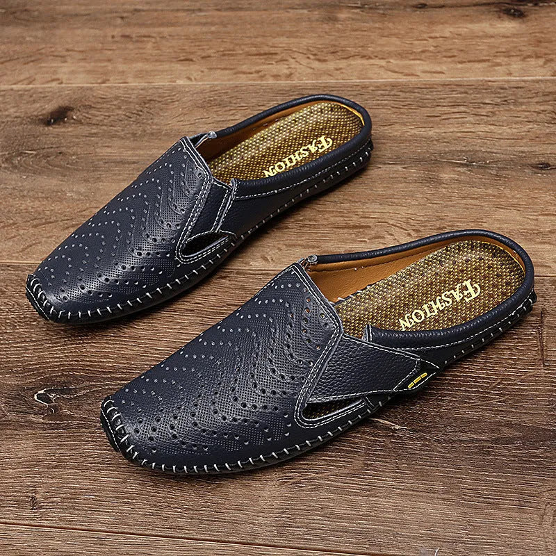 Muller low-top cowhide slip-on shoes with sewn rubber sole, round toe, solid colour, sizes 38-46