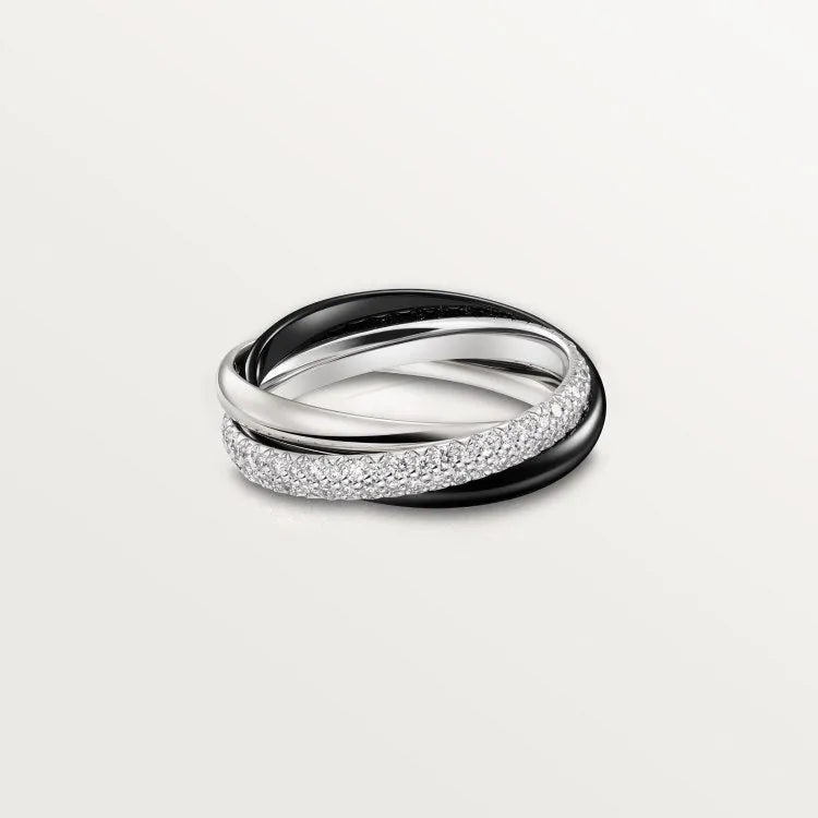 Geometric U-shaped sterling silver couple's ring on a finger, showcasing the full diamond option with 18 stones and flat band interior for engraving.
