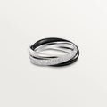 Geometric U-shaped sterling silver couple's ring on a finger, showcasing the full diamond option with 18 stones and flat band interior for engraving.