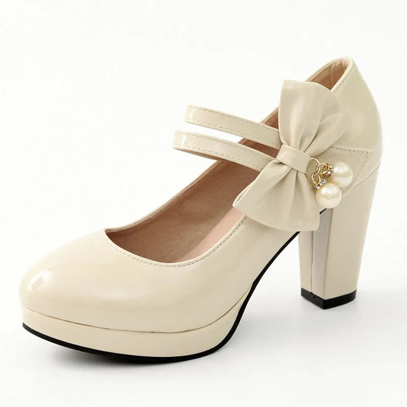 Women's platform high heel shoes with chunky heel and round toe in red colour