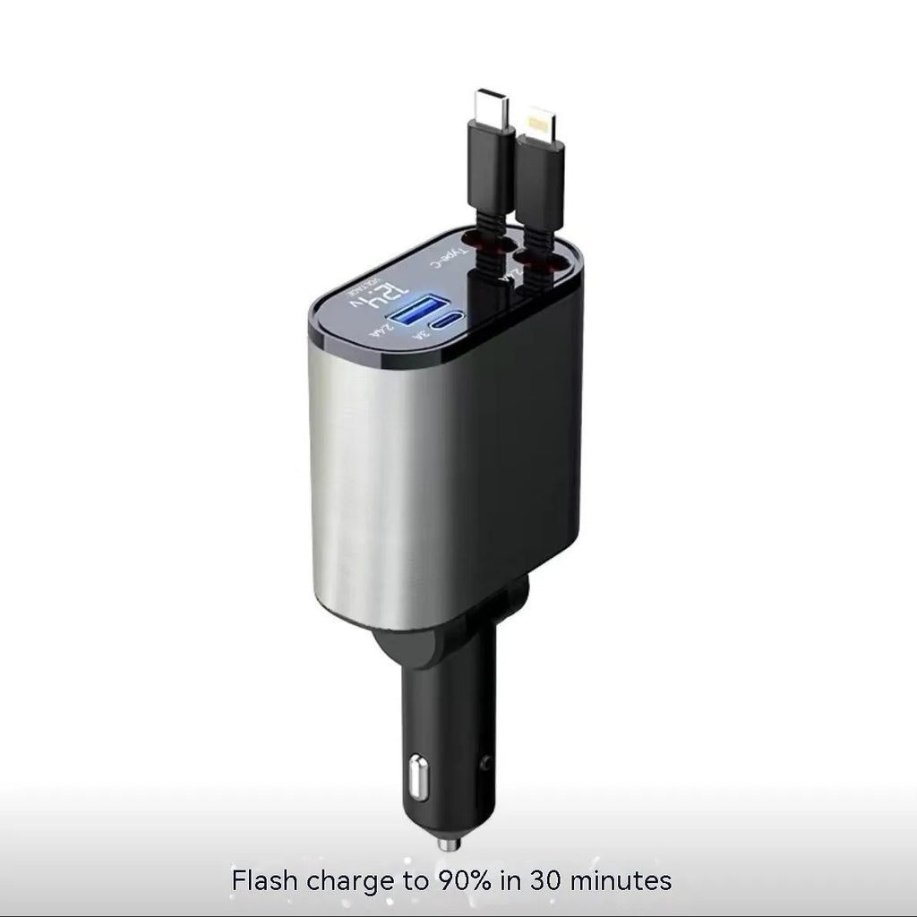 Automatic retractable vehicle charger with headband and multi-port plug for cigarette lighter socket