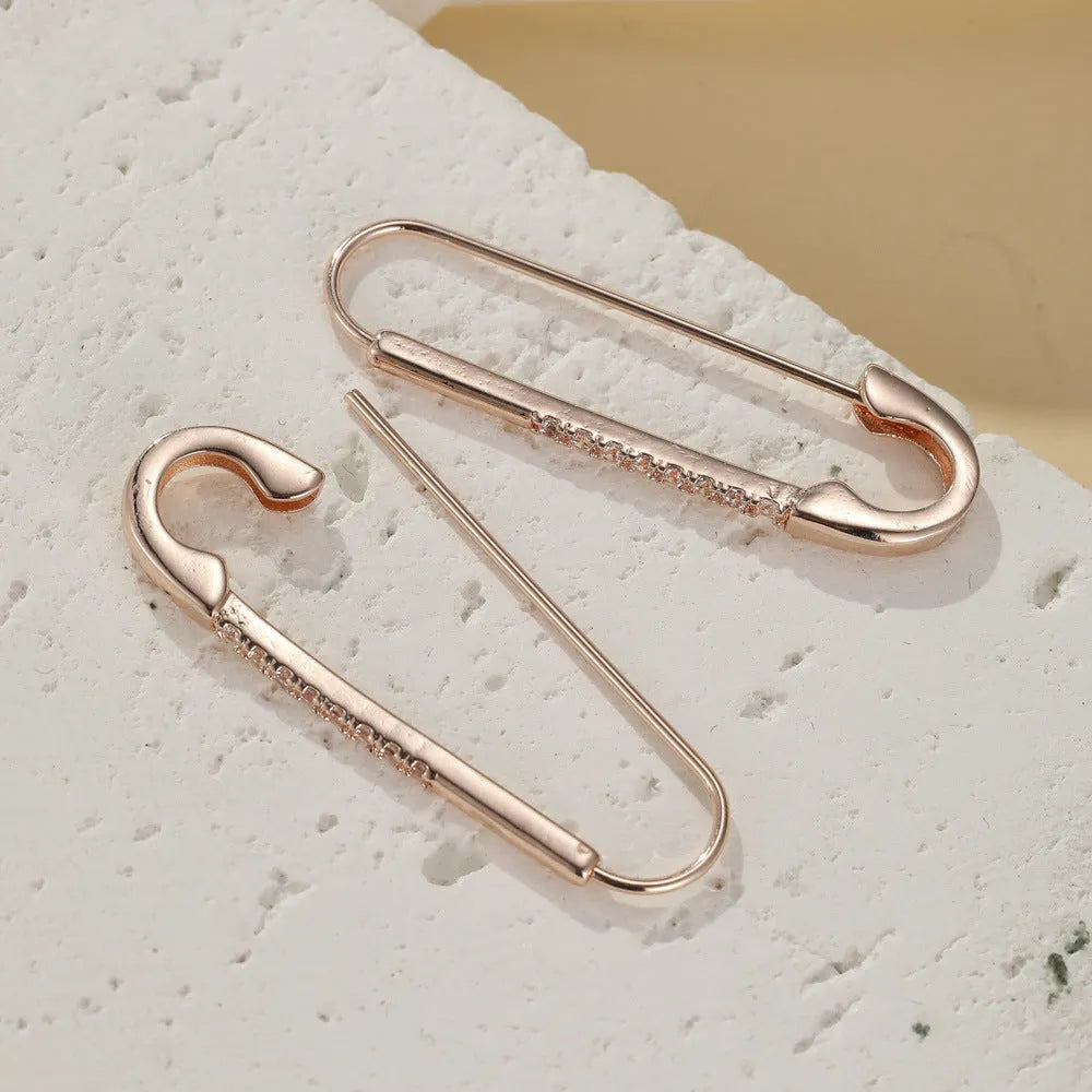 Rose gold geometric pin earrings for women, copper with inlaid zircon, asymmetric design, 1 pair