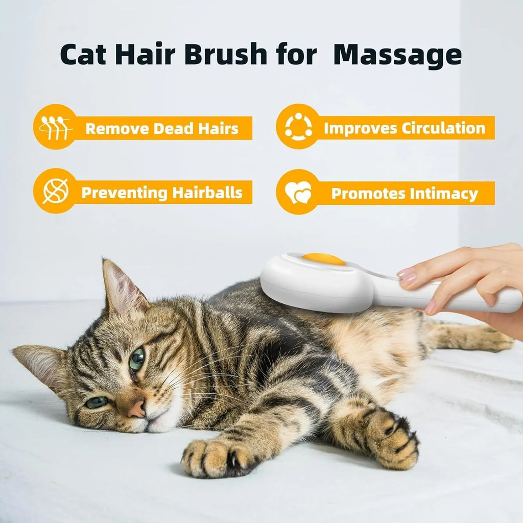 Yellow cat brush with release button, round rubber-tipped pins and stainless steel wire bristles