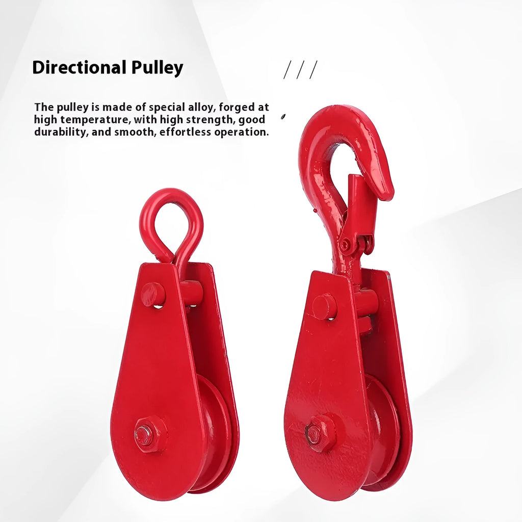 Red or galvanised industrial steel lifting pulley with a forged hook and safety latch.