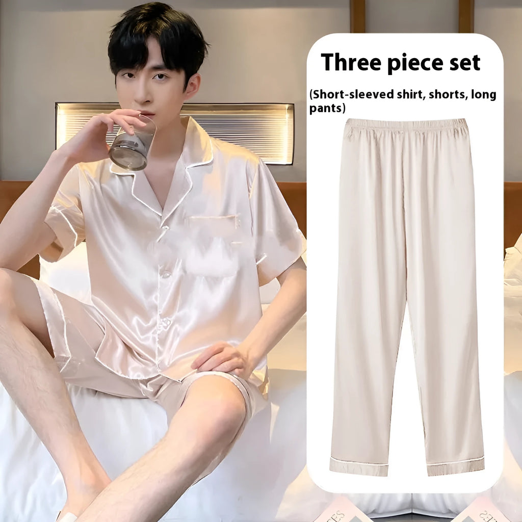 Man's ice silk three-piece homewear set showing top, shorts, and trousers in a thin fabric.