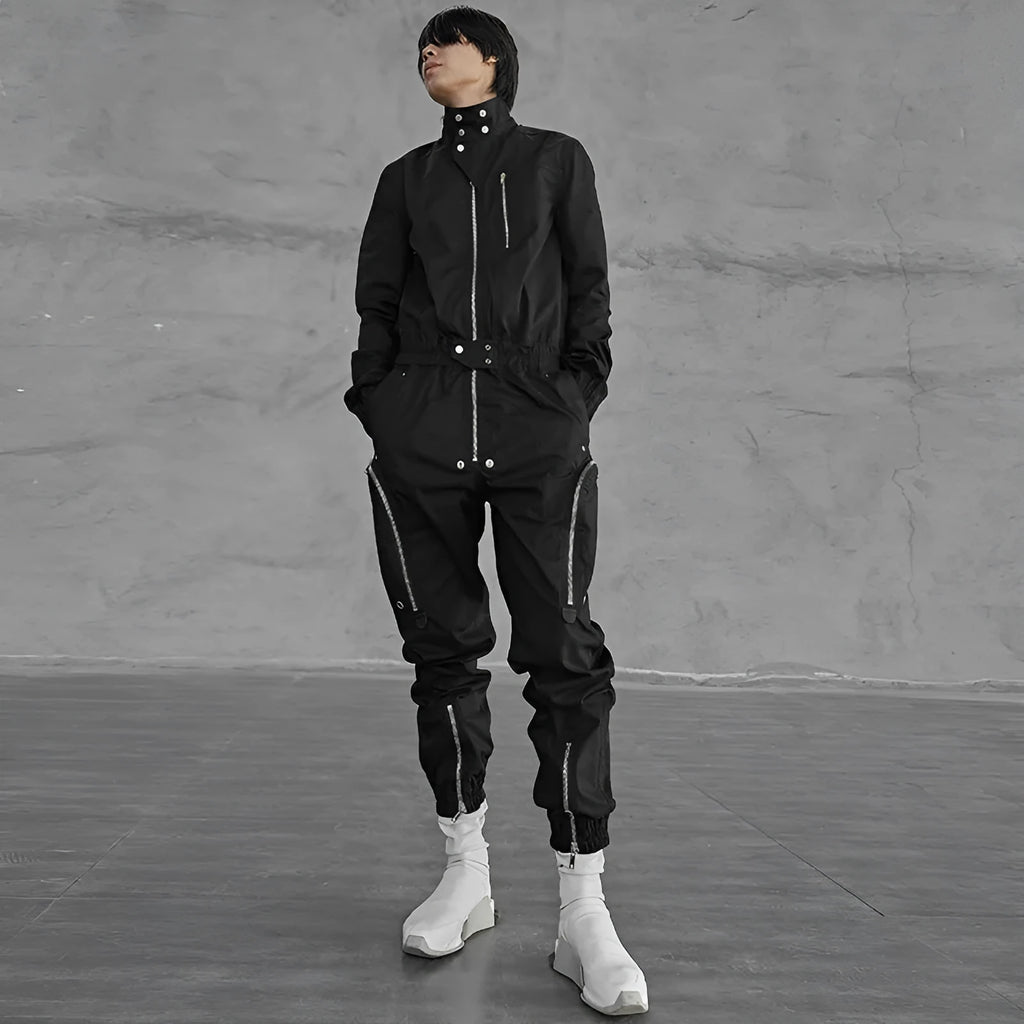 Black loose cotton cargo jumpsuit for men, mid-waist, multiple pockets, sizes 46-50