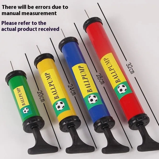 A plastic manual hand pump for inflating sports balls and balloons, shown in a mixed colour.